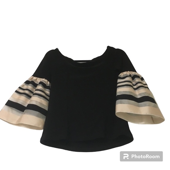 Joseph Ribkoff black top w/organza ribbon stripe sleeves - Picture 4 of 7
